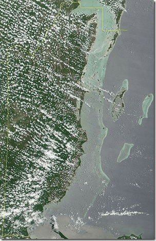 Satellite Image of Belize : Source Wikimedia Commons User Hautala Original source cropped from  Jacques Descloitres, MODIS Land Rapid Response Team, NASA/GSFC 2001