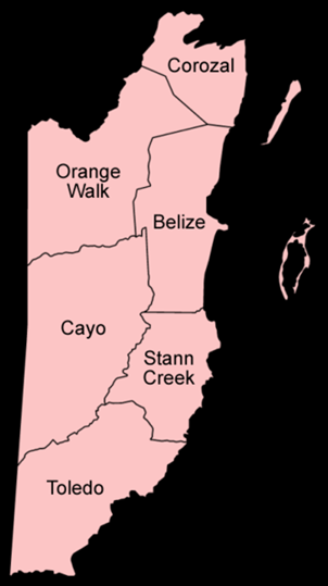 Belize Districts : License from Wikimedia Commons User Golbez Map of the districts of Belize in English (local language). Made by User:Golbez. Category:Maps of Belize
